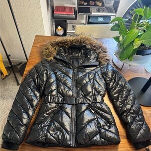 Women's Black Quilted Jacket with Faux Fur Hood